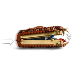 LEGO Harry Potter Chomping Monster Book of Monsters set, featuring a detailed brick-built monster book with a furry, brown cover and sharp claws, partially open, showcasing its interactive design.