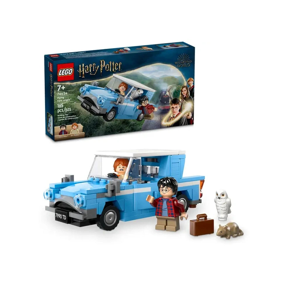 LEGO Harry Potter Flying Ford Anglia set, featuring a light blue brick-built car, Harry Potter and Ron Weasley minifigures, and Hedwig. Includes a suitcase and a small rat. The colorful box showcases scenes from the Wizarding World.