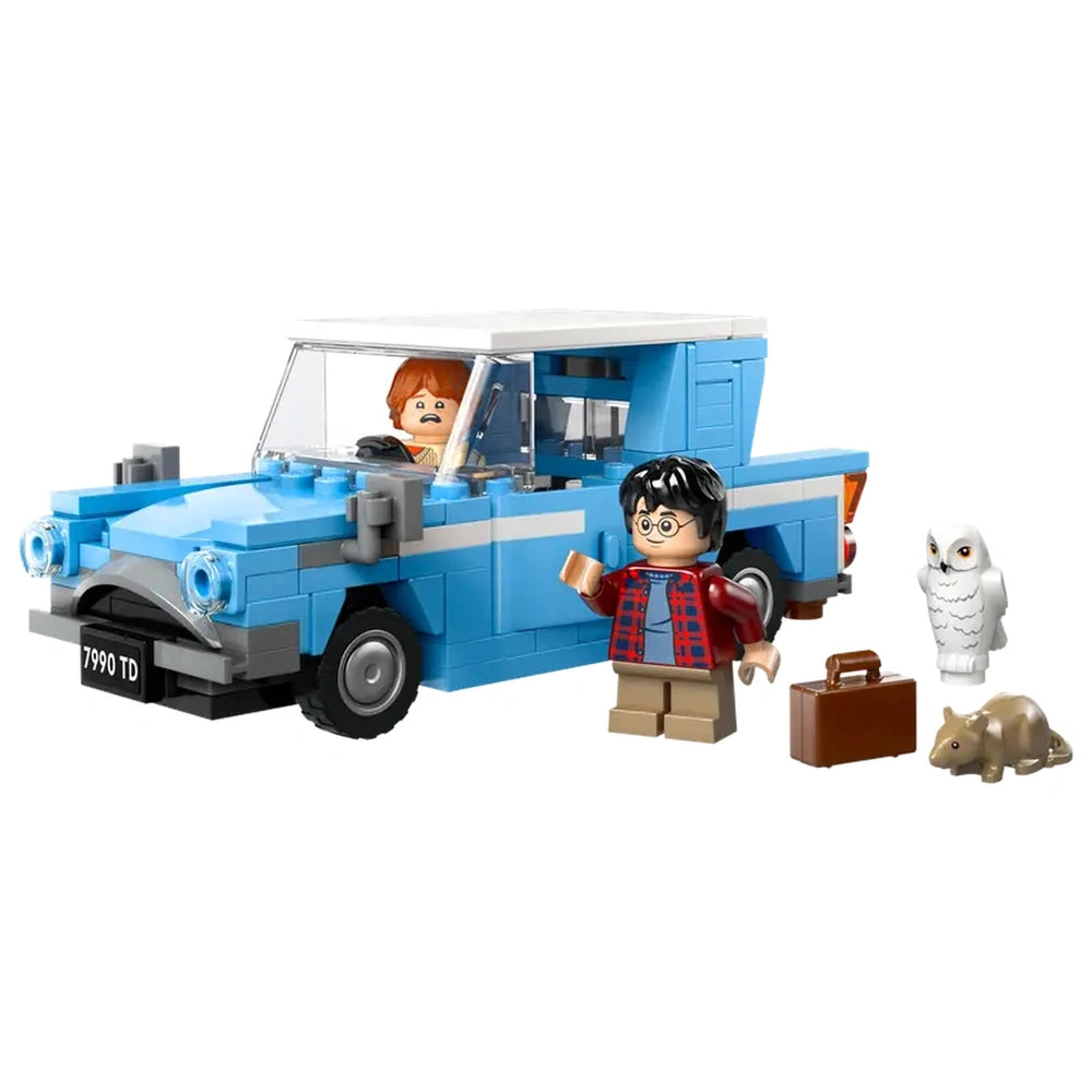LEGO Harry Potter Flying Ford Anglia set with blue car, featuring minifigures of Harry and Ron, an owl, a suitcase, and a rat.