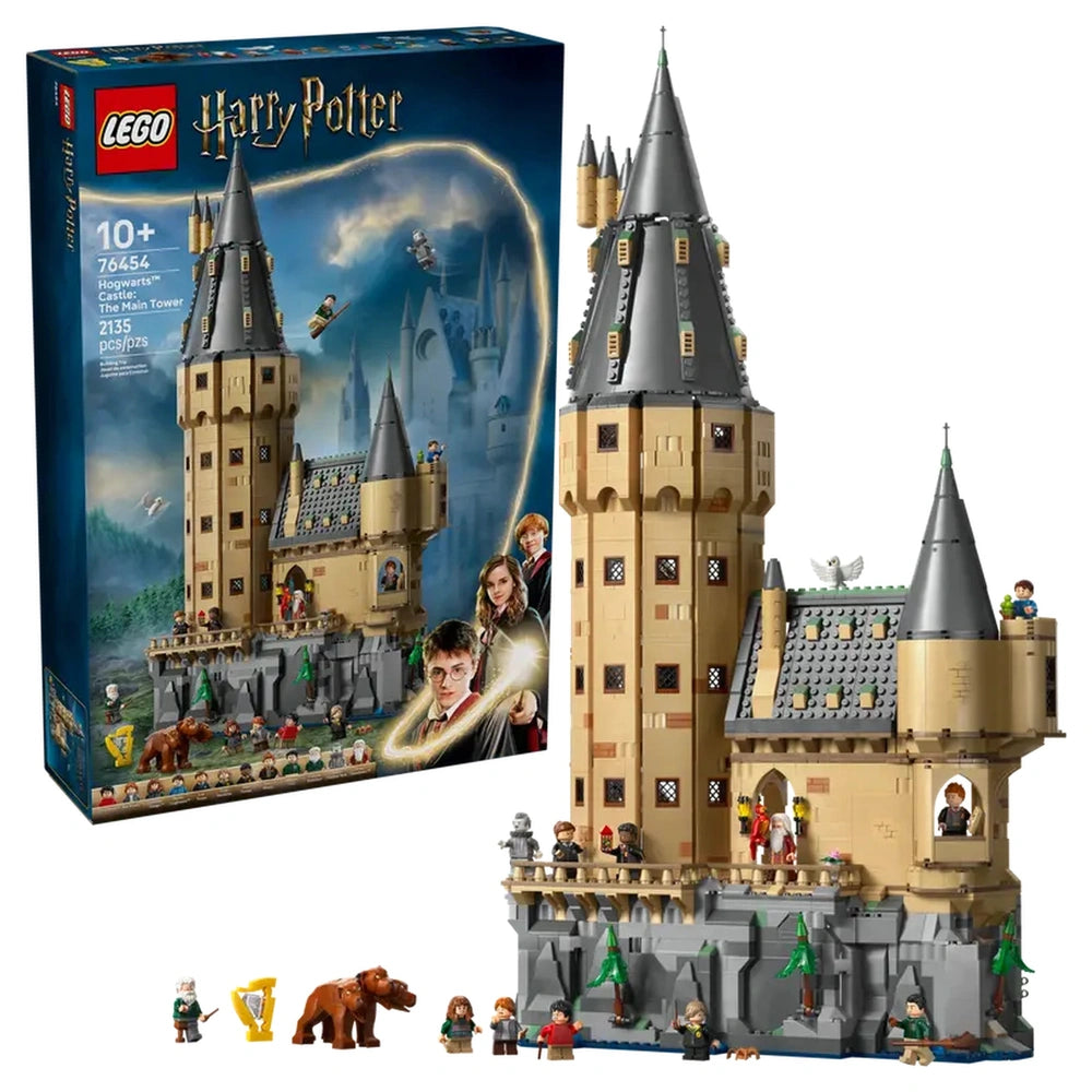 LEGO Harry Potter Hogwarts Castle set featuring the Main Tower, minifigures, and vibrant, detailed architecture with colorful accessories.