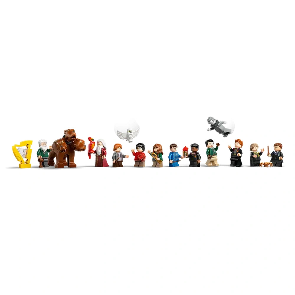 A colorful lineup of LEGO Harry Potter minifigures, featuring characters like Dumbledore, Ron, and Hermione, alongside a three-headed dog and an owl, set against a white background.