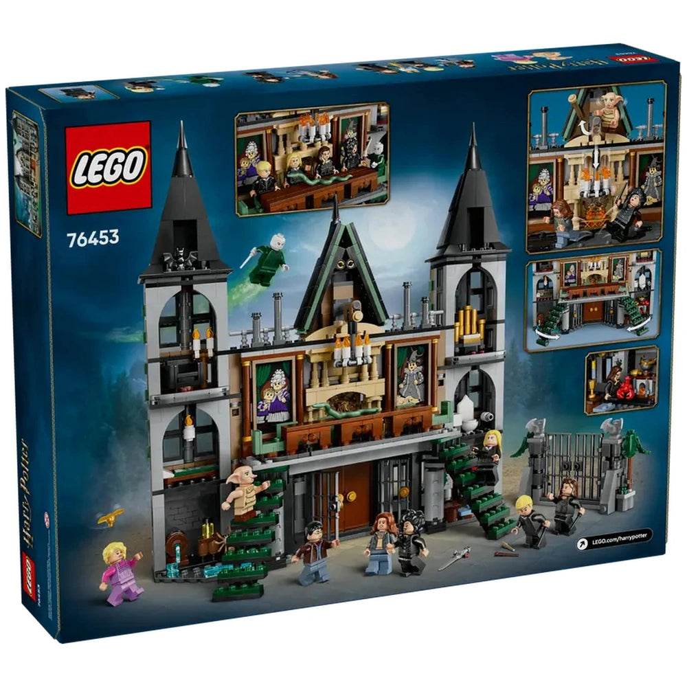 LEGO Harry Potter Malfoy Manor construction set showing detailed exterior with green stairs, characters including Draco and Harry, and multiple scenes depicted on the box.