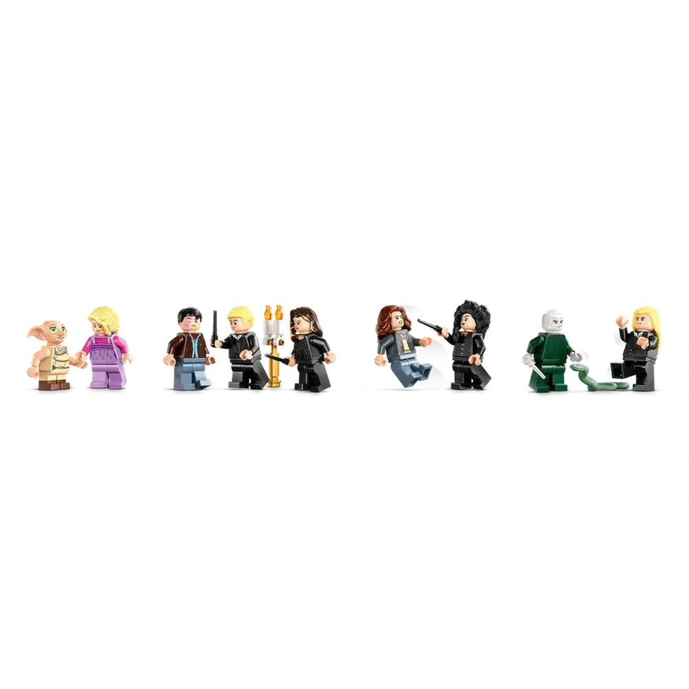 Eight LEGO figures from the Harry Potter series stand in a row, including Draco Malfoy, Severus Snape, and Dobby. They are posed in various action stances, showcasing detailed outfits and accessories like wands. The scene captures key characters engaged in a dynamic moment, evoking the magical world of wizards and adventure.