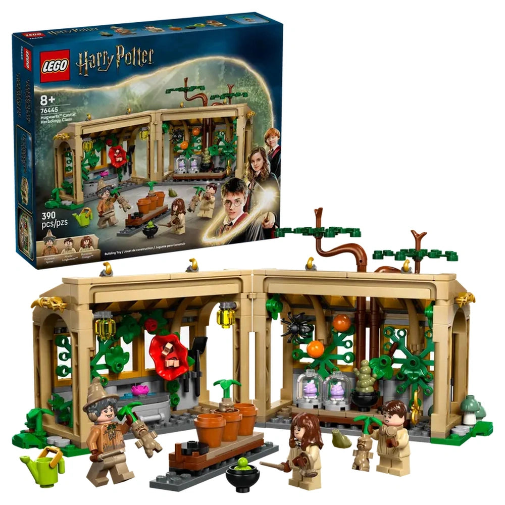 LEGO Hogwarts™ Castle Herbology Class set featuring a beautifully designed greenhouse with magical plants, removable tables, and three minifigures engaging in herbology lessons.