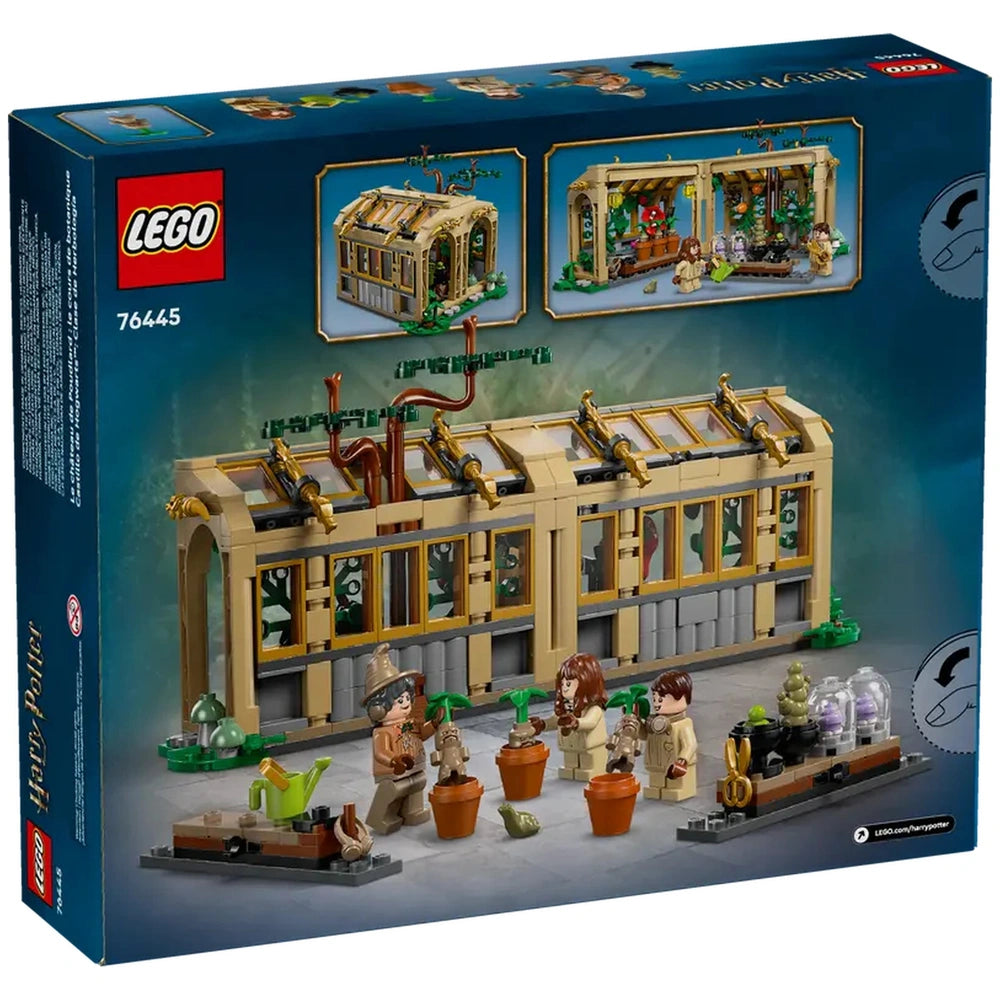LEGO Hogwarts™ Castle Herbology Class set with a detailed greenhouse, pots with magical plants, and three minifigures engaged in gardening.