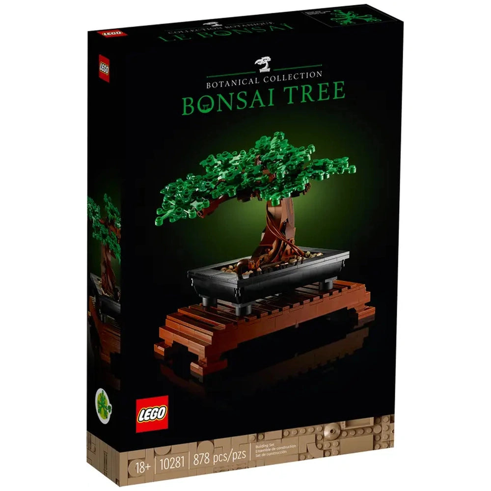 LEGO® Icons Bonsai Tree construction set featuring a lush green tree with intricate leaves and a sturdy wooden base, presented in an elegant black packaging.