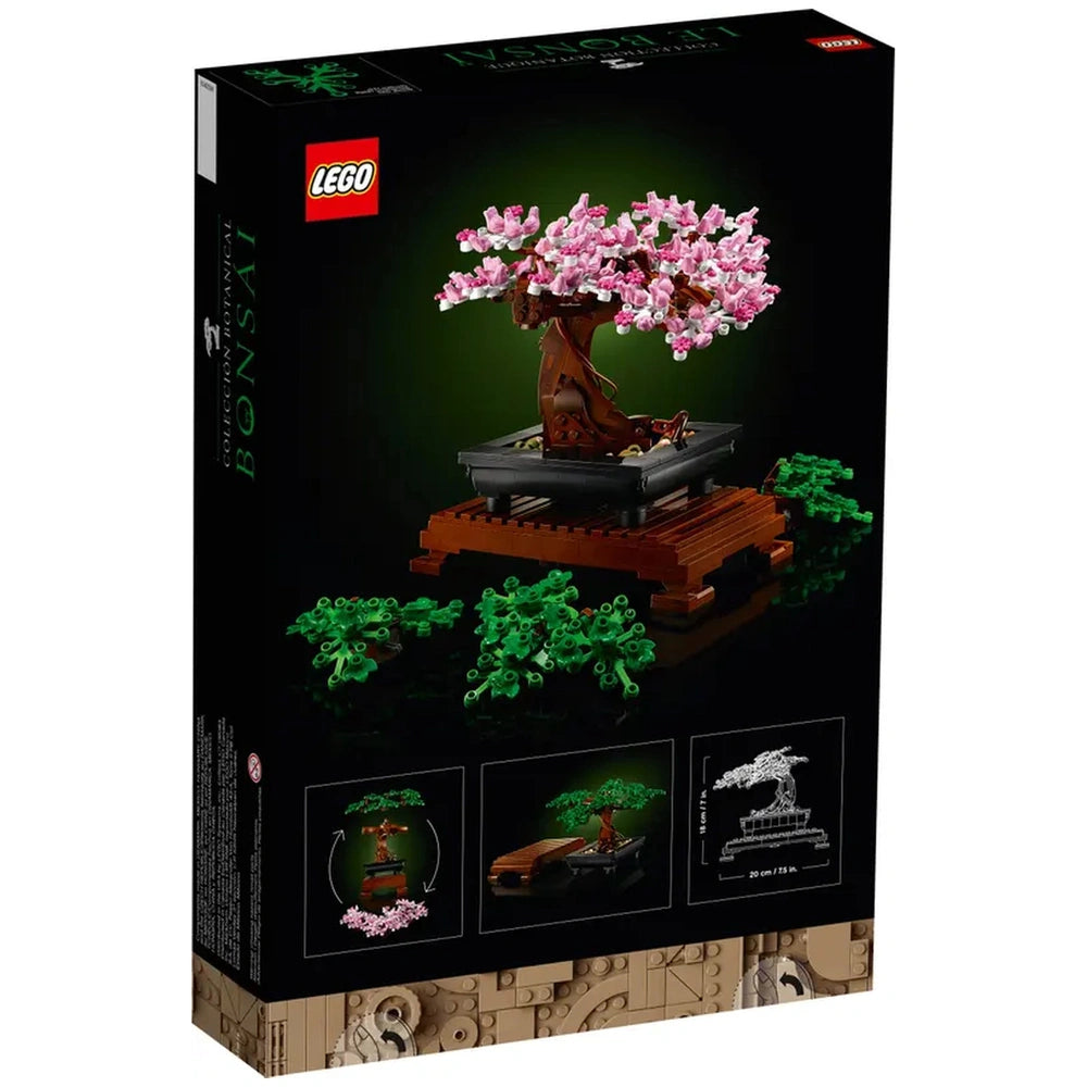 LEGO® Bonsai Tree construction set featuring a detailed model with pink blossoms, a wooden base, and playful hidden frogs.