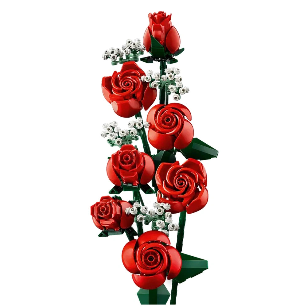 A vibrant bouquet of red LEGO roses in various stages of blooming, complemented by delicate white baby's breath.
