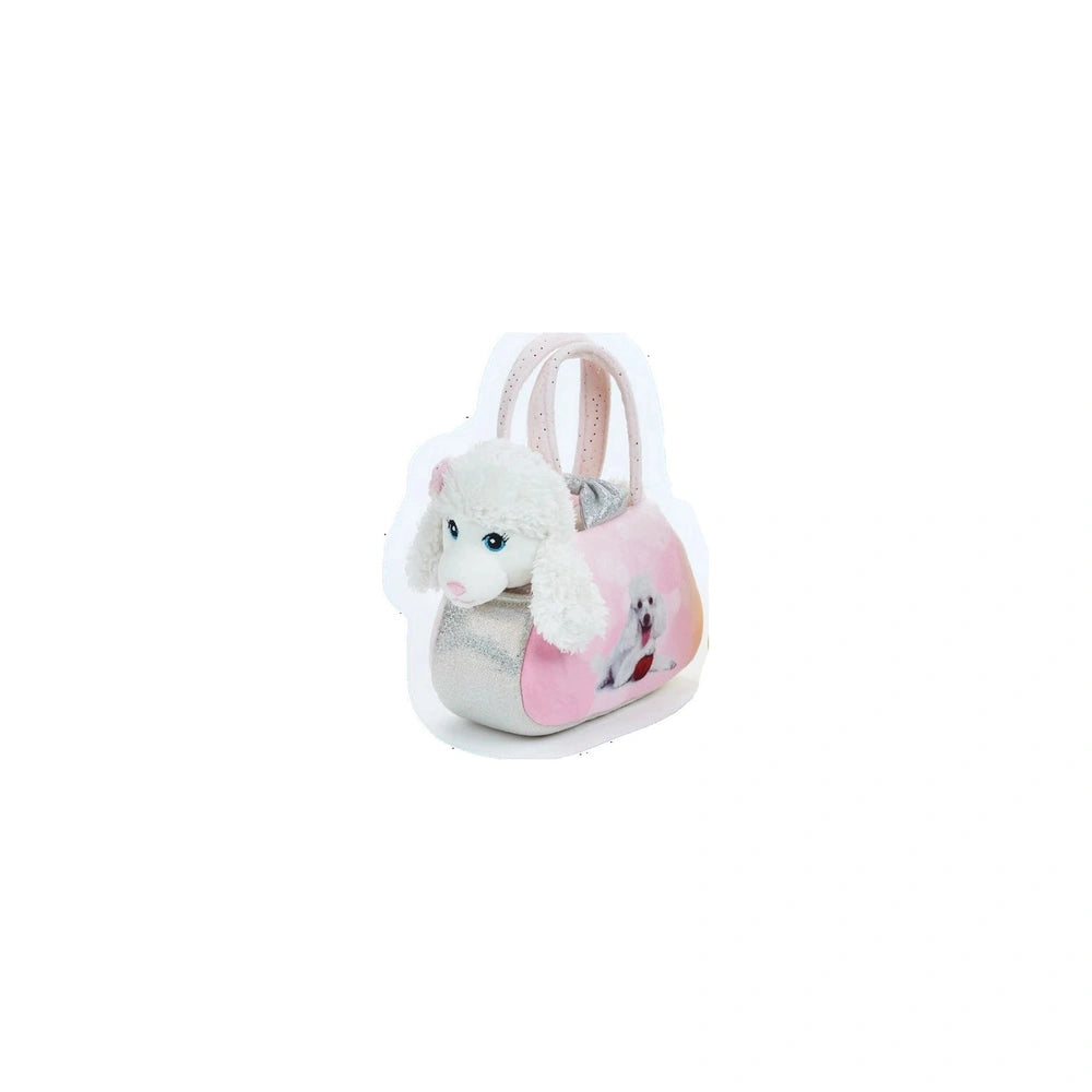 Lelly 17 cm plush dog toy features a fluffy white body, pink collar, large eyes, and a cute, friendly design.