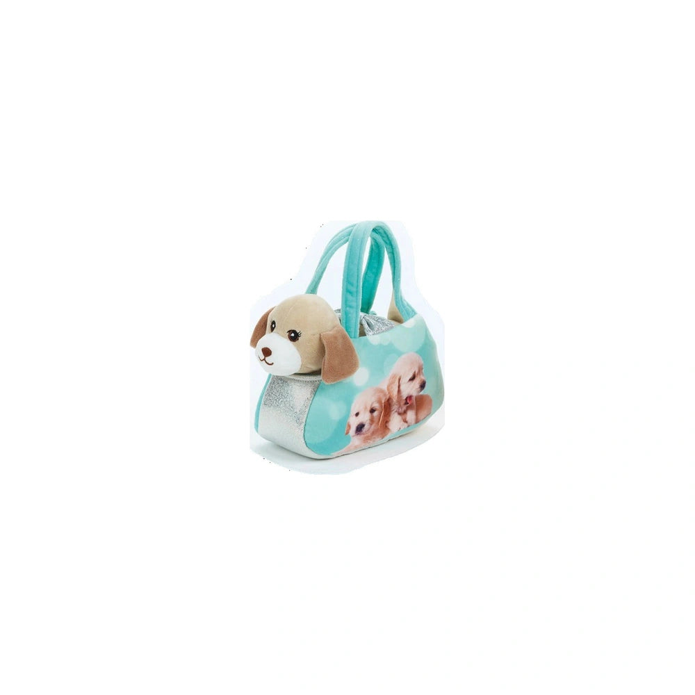 a plush puppy toy sitting inside a light blue handbag adorned with a pattern of three matching puppies.