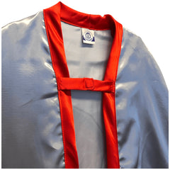 Amber Dragon Cape in metallic silver with red trim, featuring high collar, button closures, and zipper details.