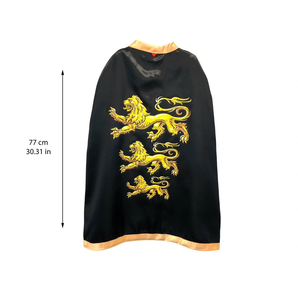 Black King Cape with gold lion emblem, glossy finish, hood, collar, front opening, zipper, and belt-like trim.