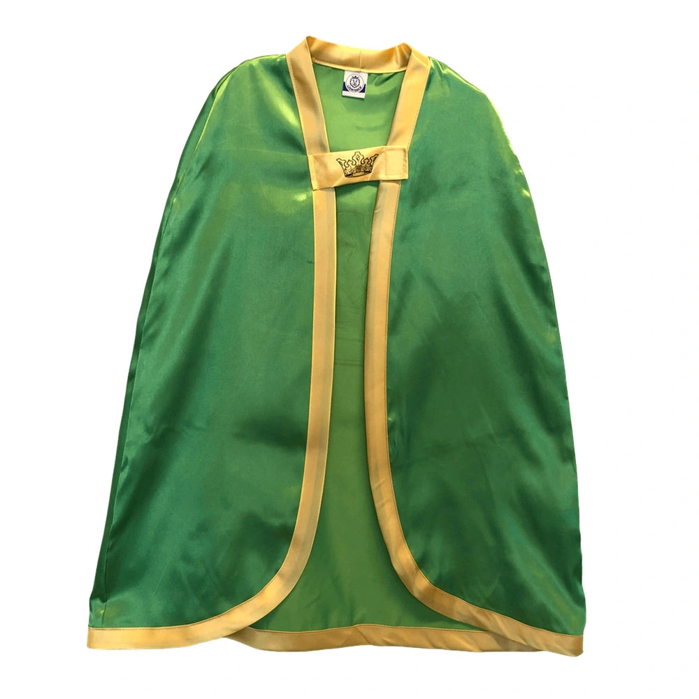 Vibrant green Liontouch Kingmaker cape made of smooth, shiny fabric, featuring a hood, collar, and belt-like waistband.