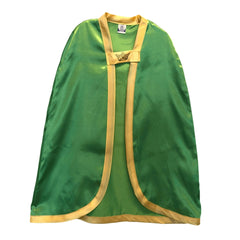 Vibrant green Liontouch Kingmaker cape made of smooth, shiny fabric, featuring a hood, collar, and belt-like waistband.