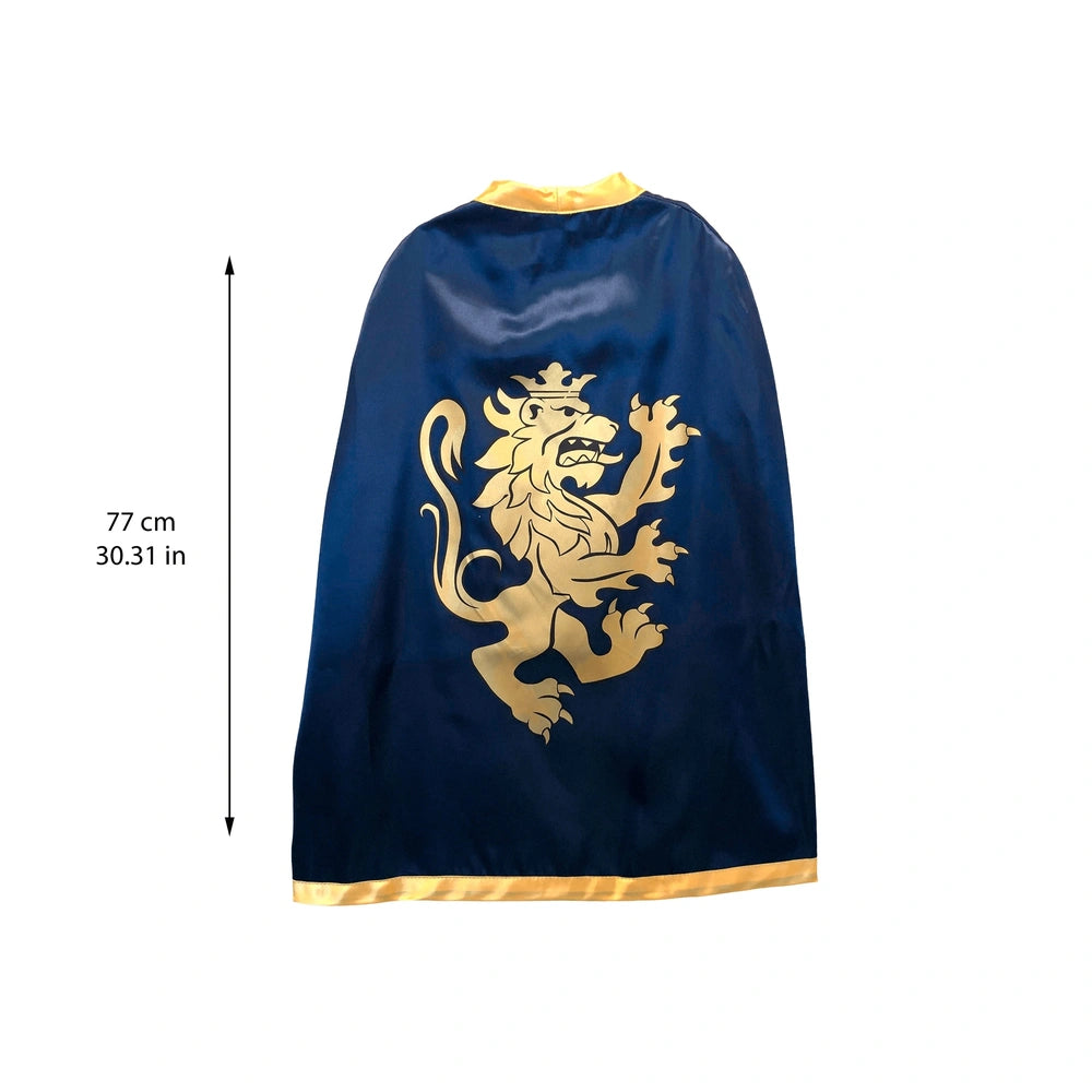 Blue Liontouch knight cape featuring a gold lion emblem, hood, yellow trim, and front zipper for pretend play.