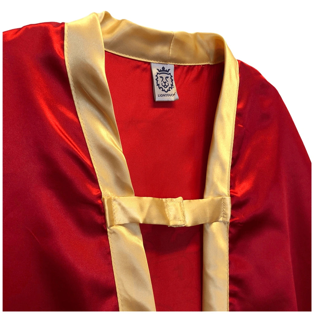 Liontouch Knight Cape in red velvet with gold satin collar and lapels, featuring a white label with lion emblem.