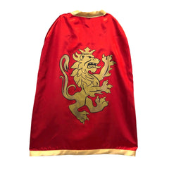 Red satin knight cape featuring a golden roaring lion graphic, centered with a metallic sheen in the Noble Knight line.