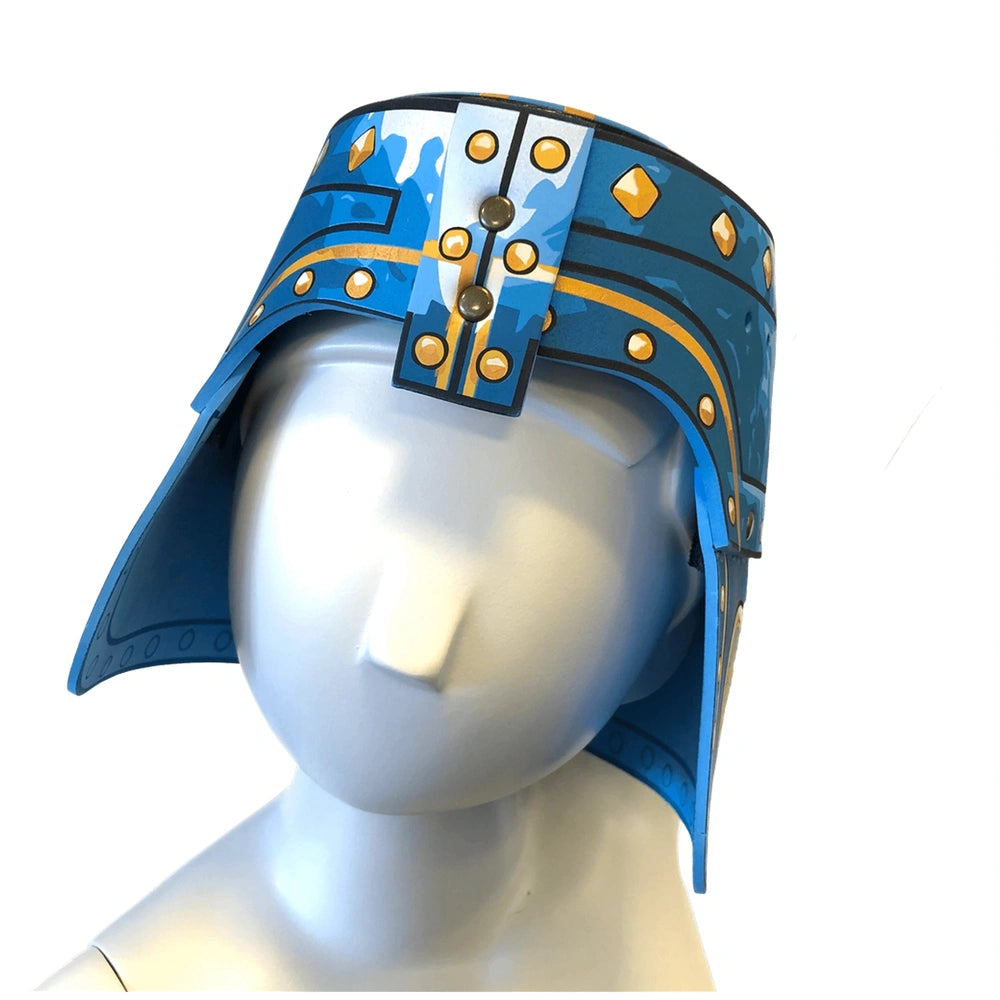 Blue Liontouch Knight Helmet features glossy fabric, metallic trim, and a stretchy band, perfect for pretend play.