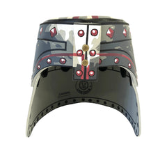 Maltese Knight helmet with glossy gray, red, and white finish, featuring a visor, chin strap, and transparent plastic window.