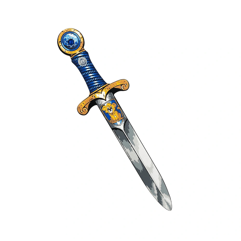 Mini Lion Sword in blue and gold with a metallic silver blade, featuring a single handle, guard, and pommel.