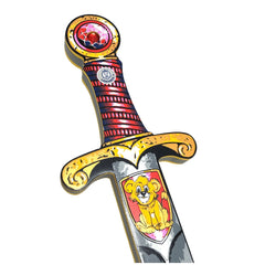 Mini Lion Sword in red and black with a shiny metallic handle and reflective blade featuring a yellow lion emblem on red back