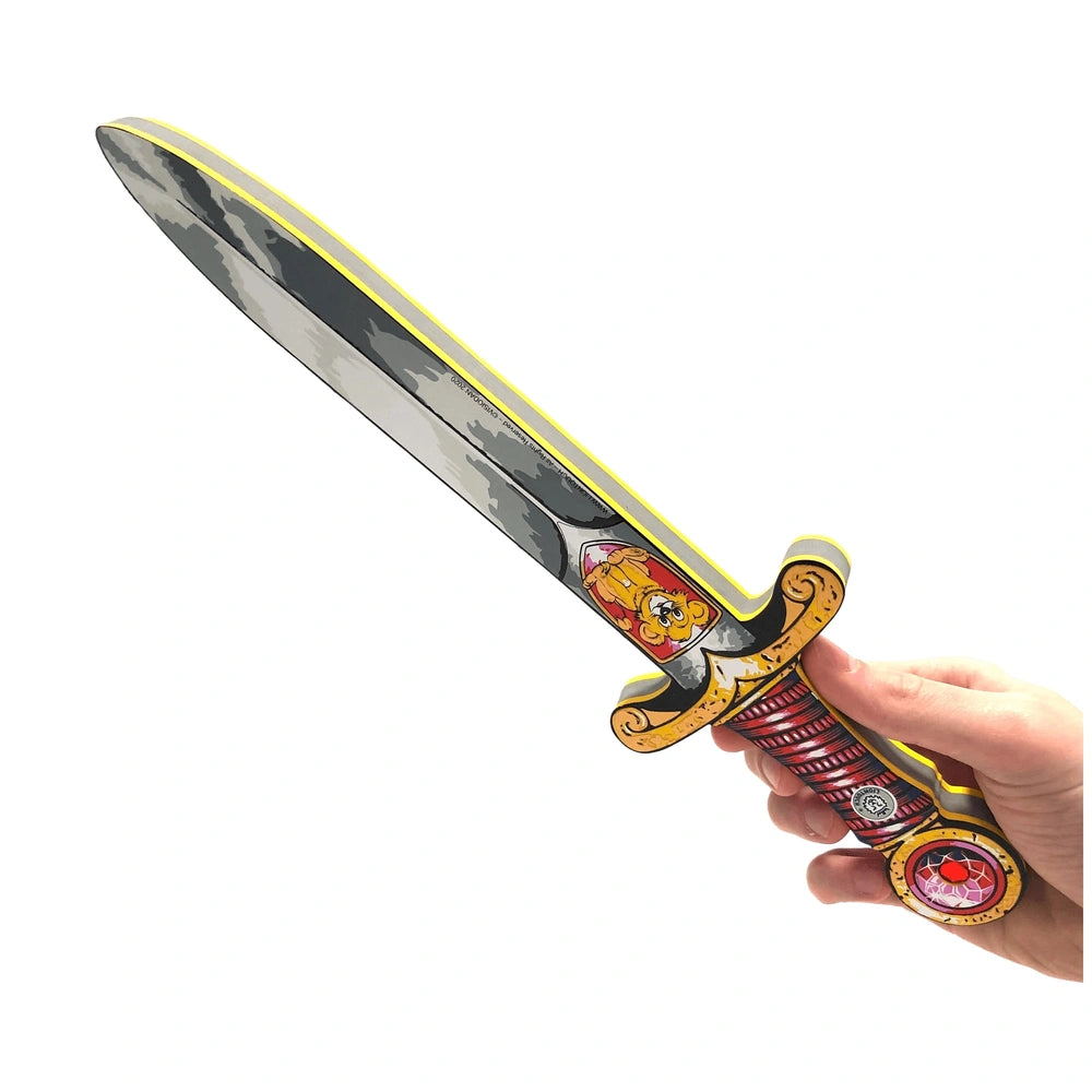 Mini Lion Sword in red and black with a shiny silver blade and yellow-black handle, designed for pretend play.