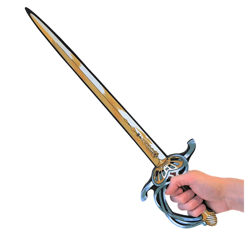 Liontouch Musketeer Sword features a gold blade with a blue and gold handle, crossguard, and pommel, perfect for role playing