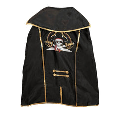 Black pirate cape with gold trim, hood, skull and crossbones design, and gold buttons, featuring a smooth satin fabric.