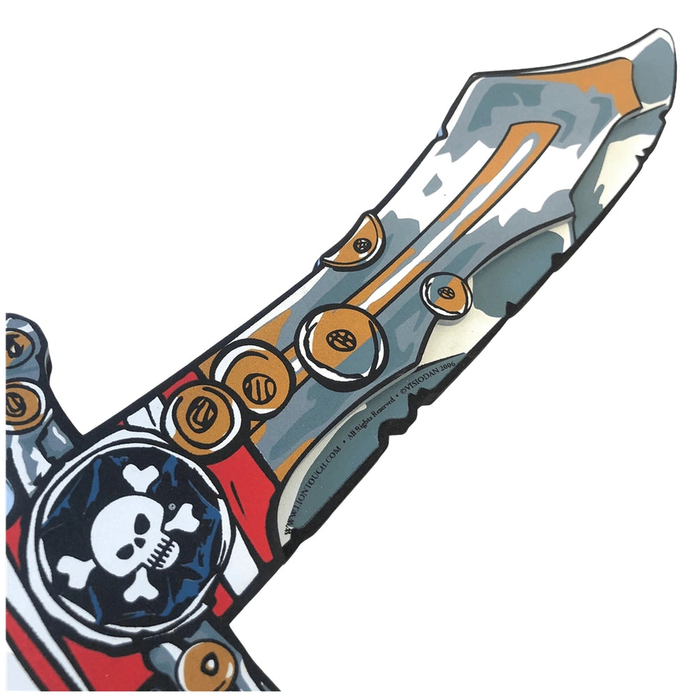 Liontouch Pirate Knife features a metallic design with blue and white colors, skull emblem, and "RUGGED KNIVES" text.