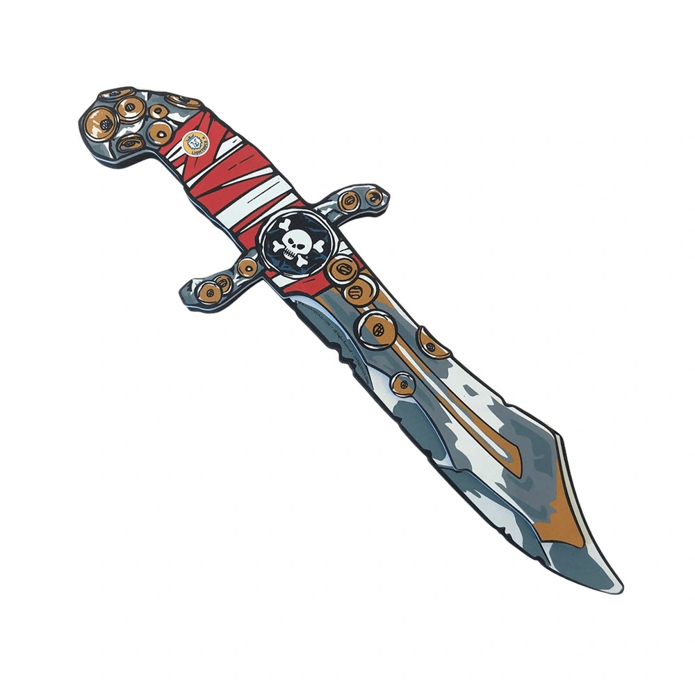Liontouch Pirate Knife features a red and white handle with a skull emblem and a reflective stainless steel blade.