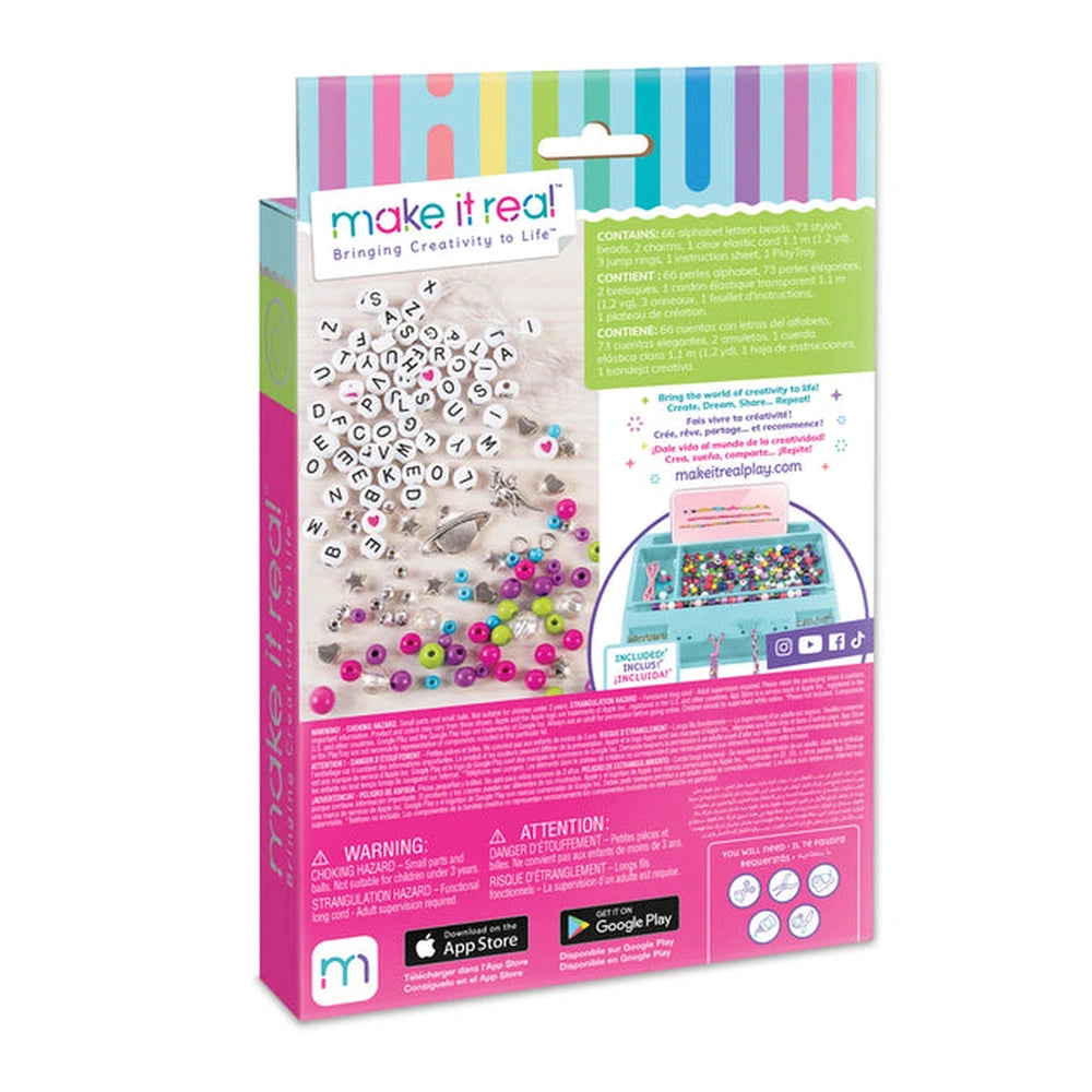 Block ‘N’ Rock Bracelets arts and crafts packaging features a glossy design, colorful beads, and warning labels for small par