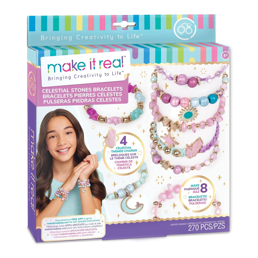 Celestial Stones Bracelets in pink, purple, and blue showcased in glossy packaging with colorful striped pattern and clear wi