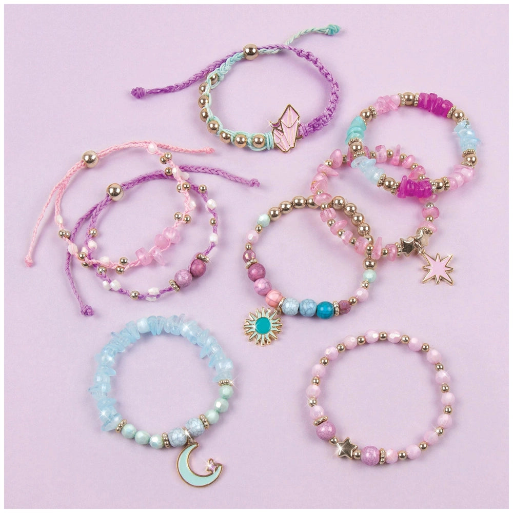 Celestial Stones Bracelets featuring shiny metal and glass beads in pink, blue, and purple with a colorful, artistic design.