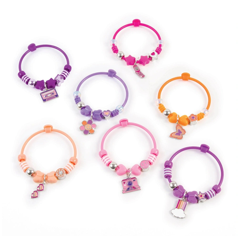 DIY Fashion Beaded Bangle Bracelets featuring glossy translucent beads and shiny metallic charms on colorful elastic bands.