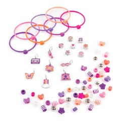 DIY Fashion Beaded Bangle Bracelets in pink, orange, and purple with shiny metallic and translucent charms.