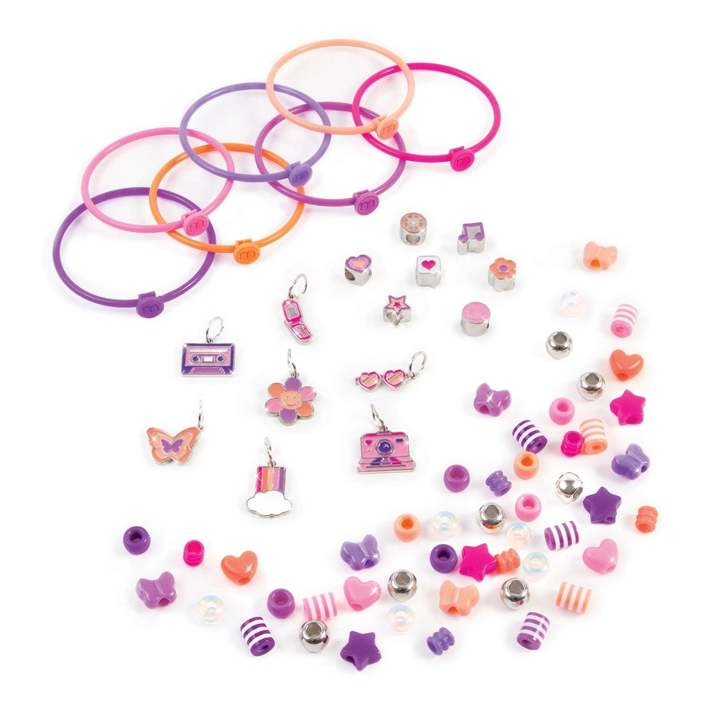 DIY Fashion Beaded Bangle Bracelets featuring pink, orange, and purple colors with shiny metallic charms and translucent bead
