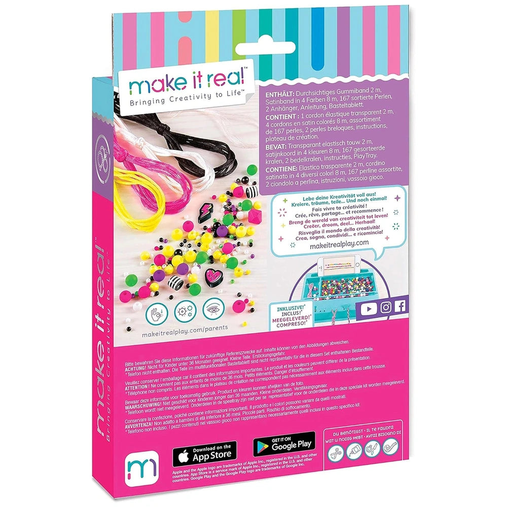 Neon Retro Bracelets box with a glossy pink background, displaying multicolored beads, scissors, and string through a clear w