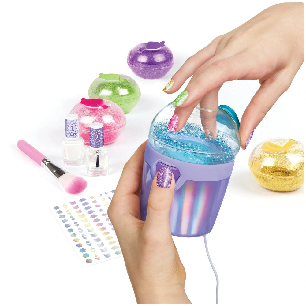 MAKE IT REAL Party Nails Glitter Nail Studio features a close-up of colorful plastic nail polish bottles and brushes.