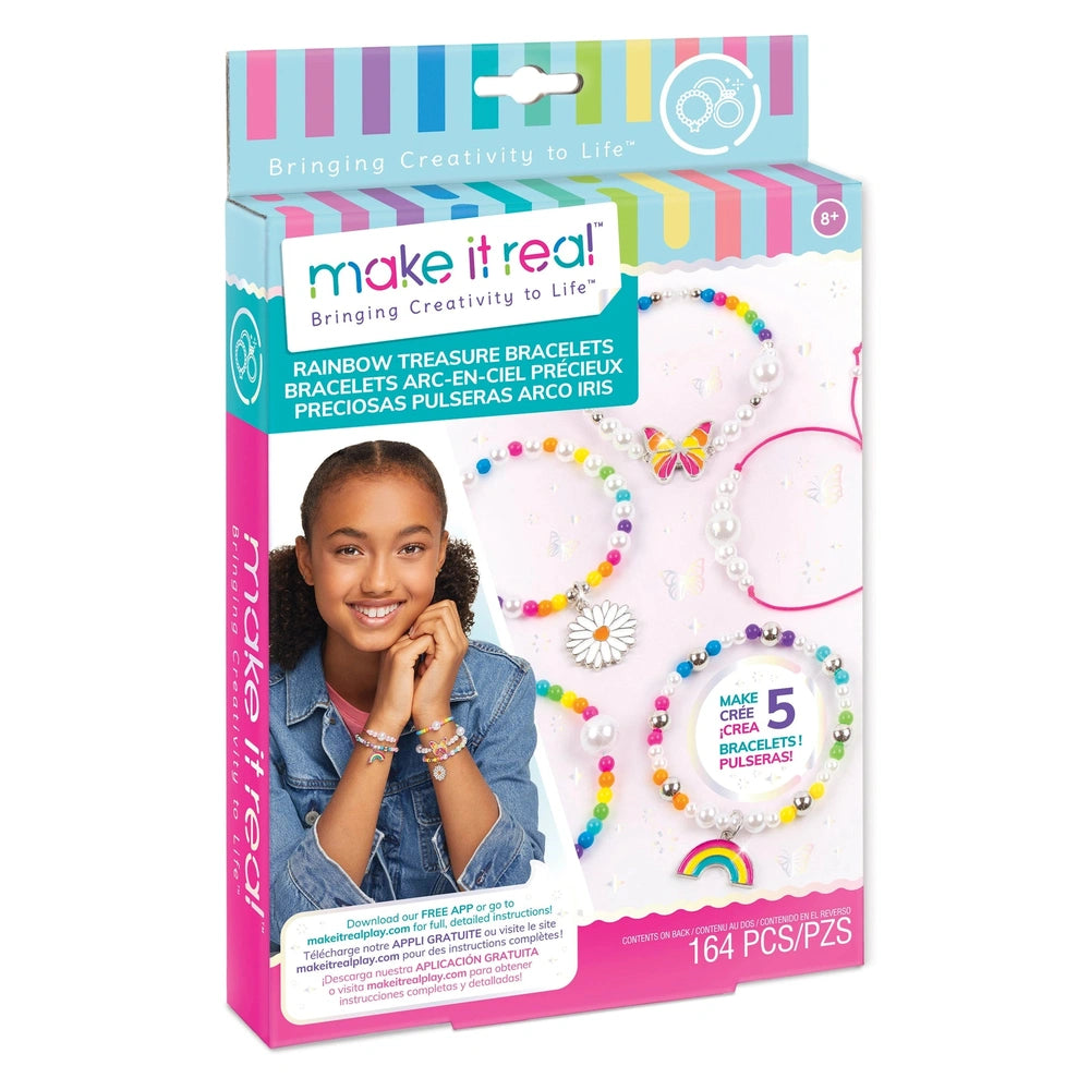 Rainbow Treasure Bracelets packaging features a smiling girl in a denim jacket, showcasing colorful bracelets against a multi