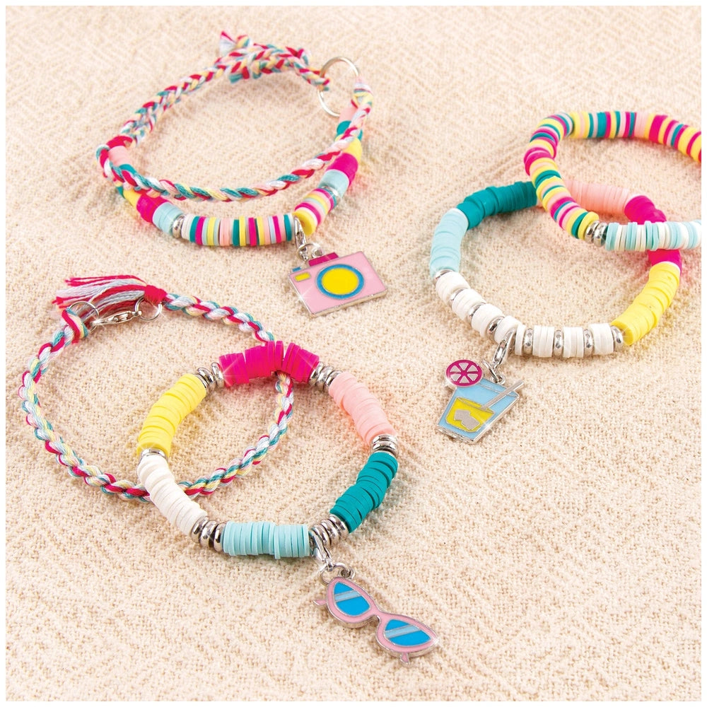 Summer Vibes Heishi Bead Set featuring colorful bracelets with metal clasps, jump rings, and vibrant plastic charms.