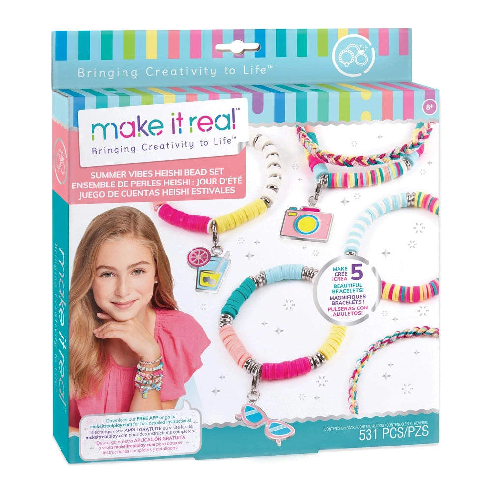 MAKE IT REAL Summer Vibes Heishi Bead Set with colorful bracelets, camera charm, and glossy striped packaging for ages 5+.