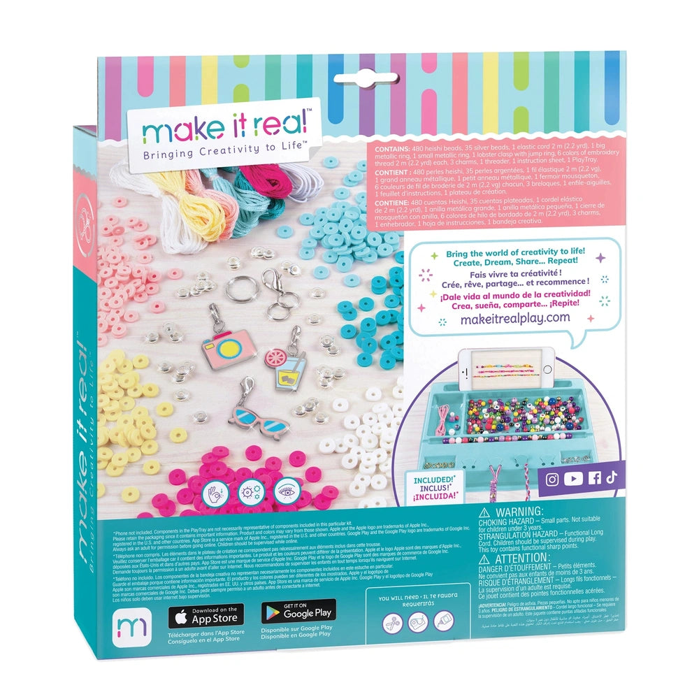 Summer Vibes Heishi Bead Set packaging features colorful stripes, clear window, warning label, and creative crafting icons.