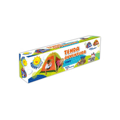 Mandelli Adventure Children Tent in orange and yellow, displayed in folded state on white packaging with transparent window.