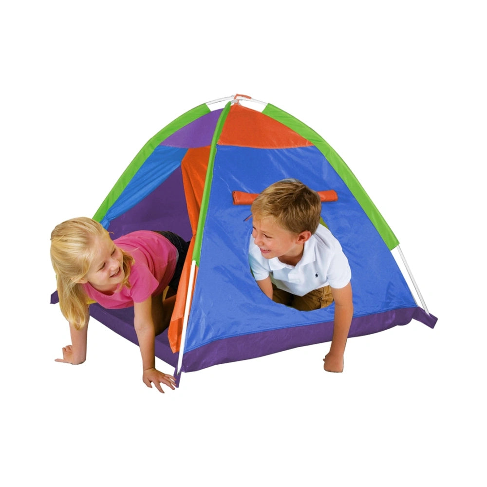 Mandelli Adventure Children Tent with colorful fabric, clear window, and zipper, featuring children playing inside.