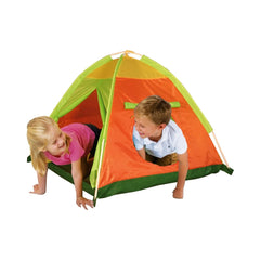 Mandelli Adventure Children Tent features orange walls and a green base, with two kids playing inside and a clear front windo
