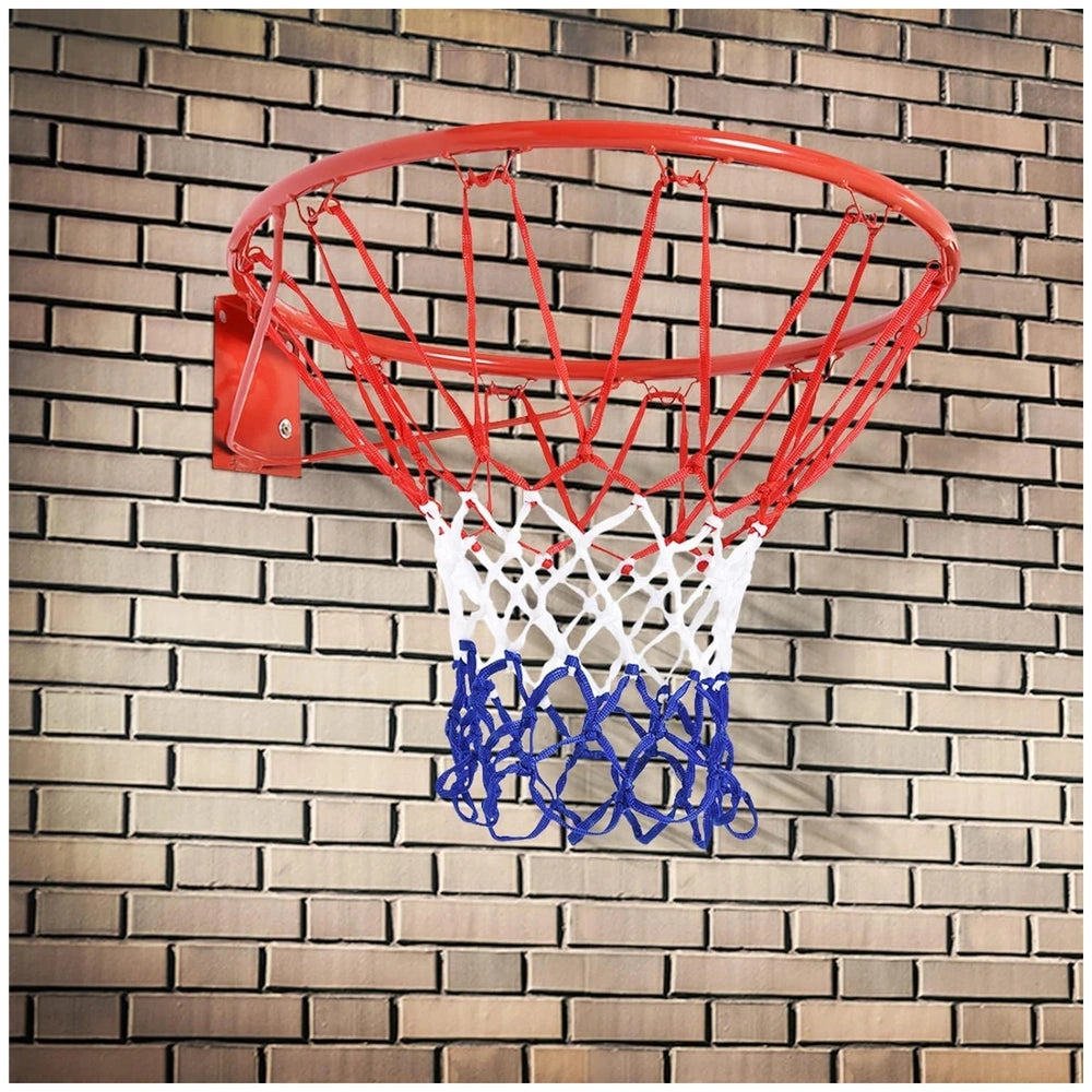 Mandelli basketball hoop features a red metal backboard with a white net and blue strings, set against a brick wall.