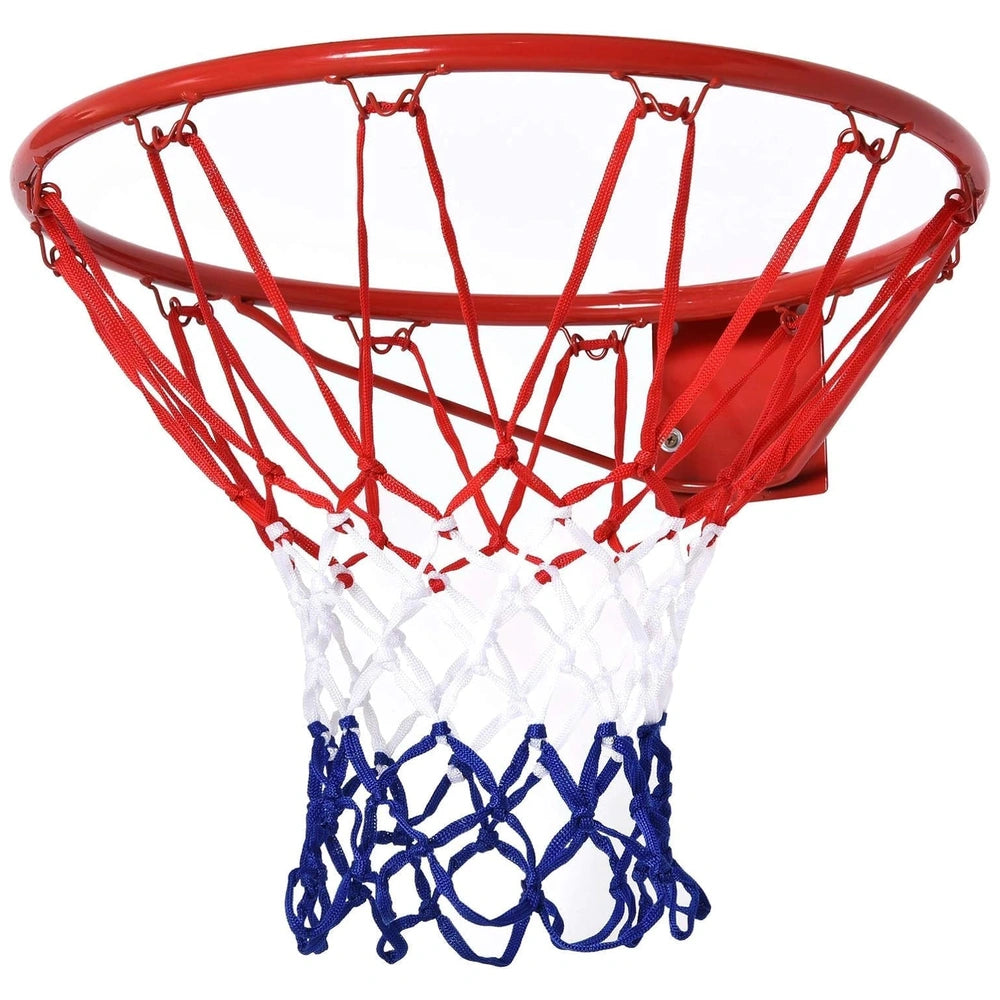 Mandelli basketball hoop with a red metal hoop, white netting, and red plastic backboard centered in the image.
