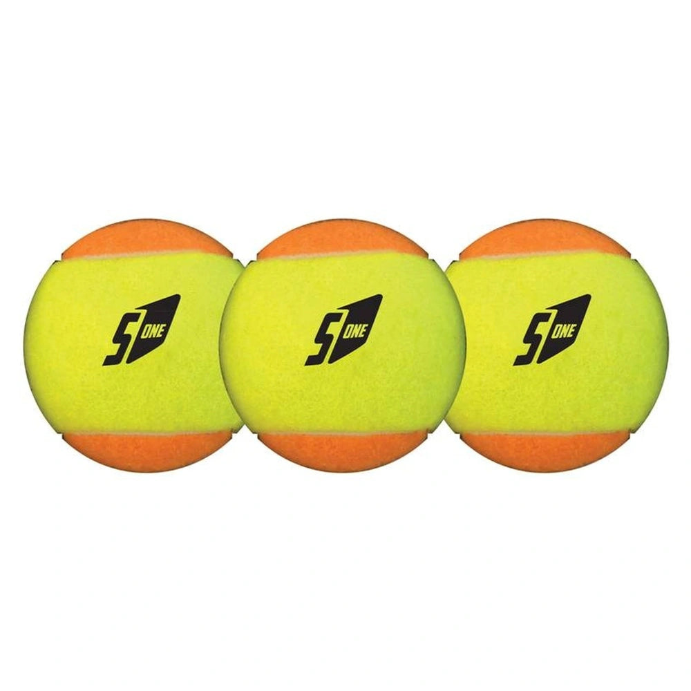 Mandelli beach tennis ball pack of three bright yellow balls with black "S1" text, made of textured synthetic material.