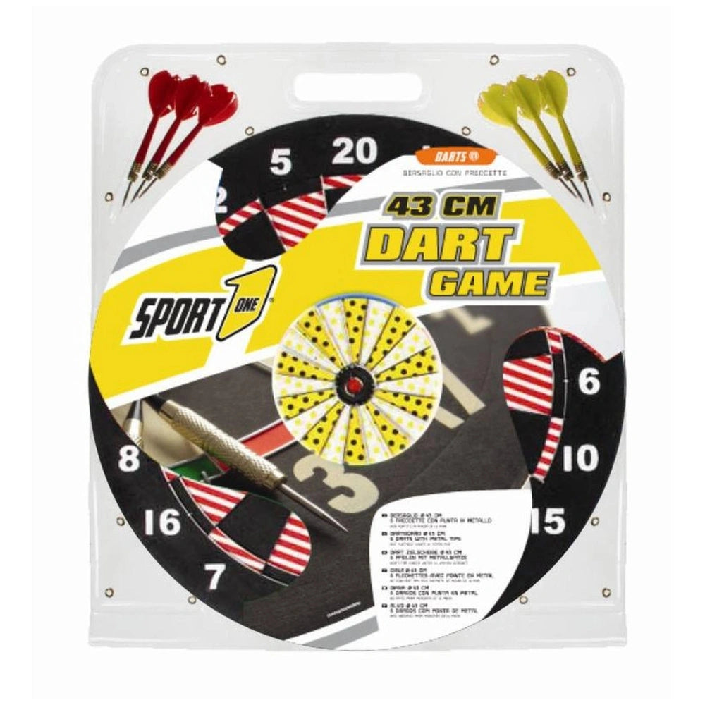 Mandelli 43 cm dart game packaging features a yellow dartboard graphic with black numbers and three red darts, all in a gloss