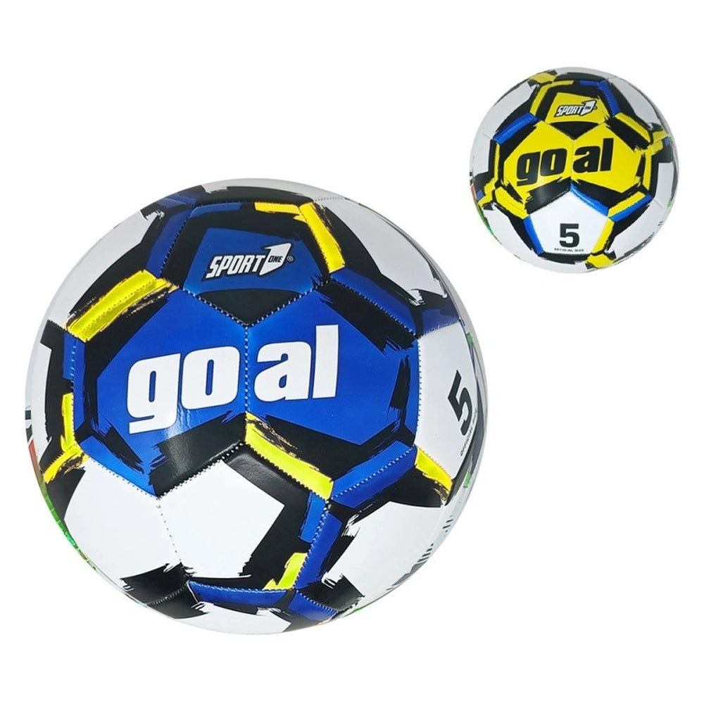 Mandelli GOAL Size 5 Soccer Ball featuring a hexagonal design in blue and yellow with multiple black pentagons and white numb